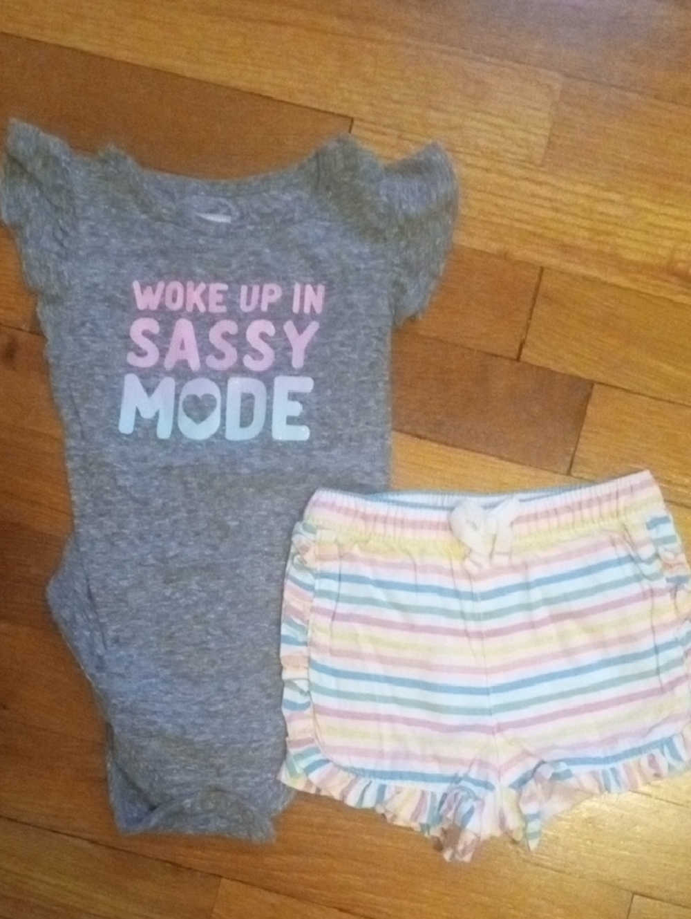 Grey 'Woke Up In Sassy Mode' Bodysuit with Pastel Stripe Shorts girl 18 months